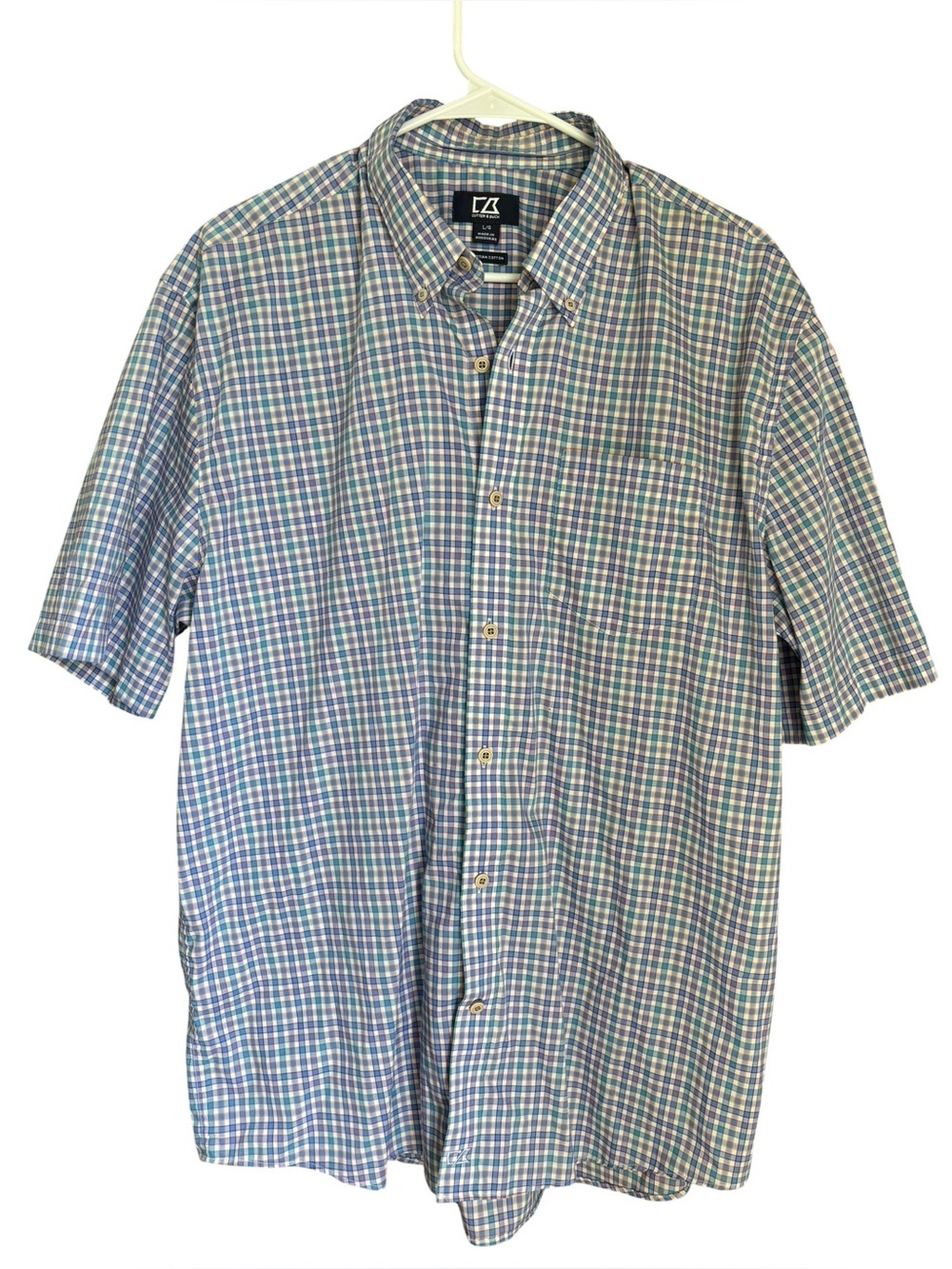 Cutter & Buck Men's Casual‎ Short-Sleeve Button Down Shirt Blue Tan Plaid Size L